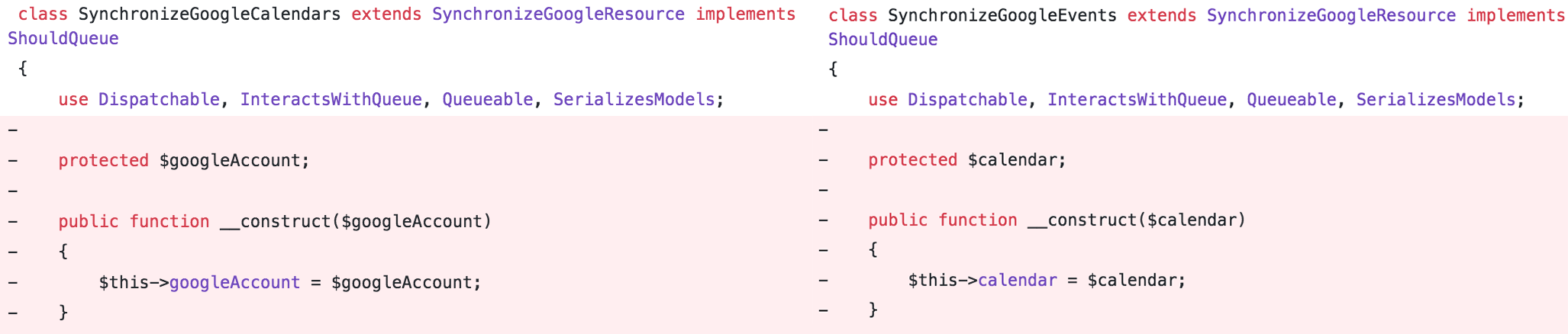 Git diff of subclasses constructors