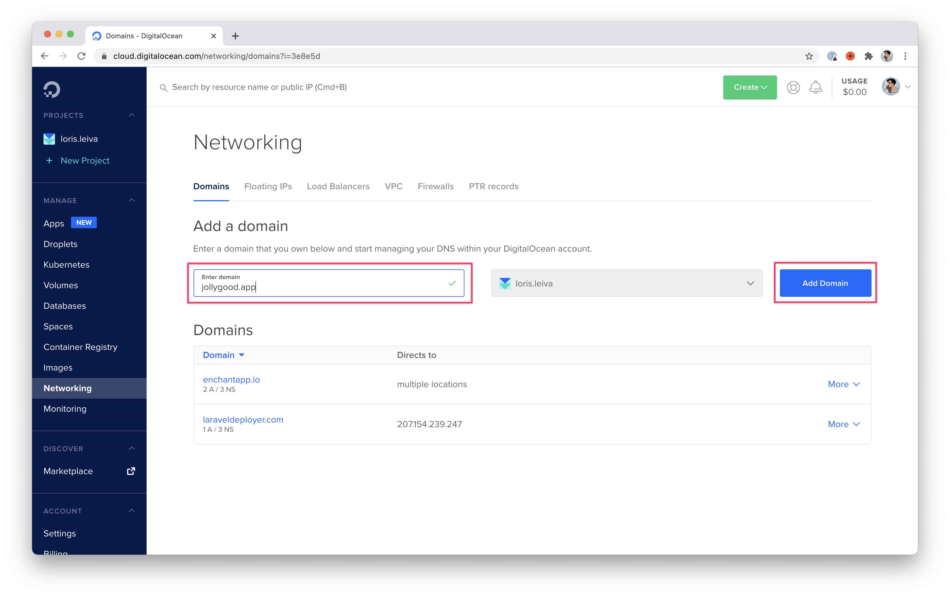 Screenshot of adding a new domain.