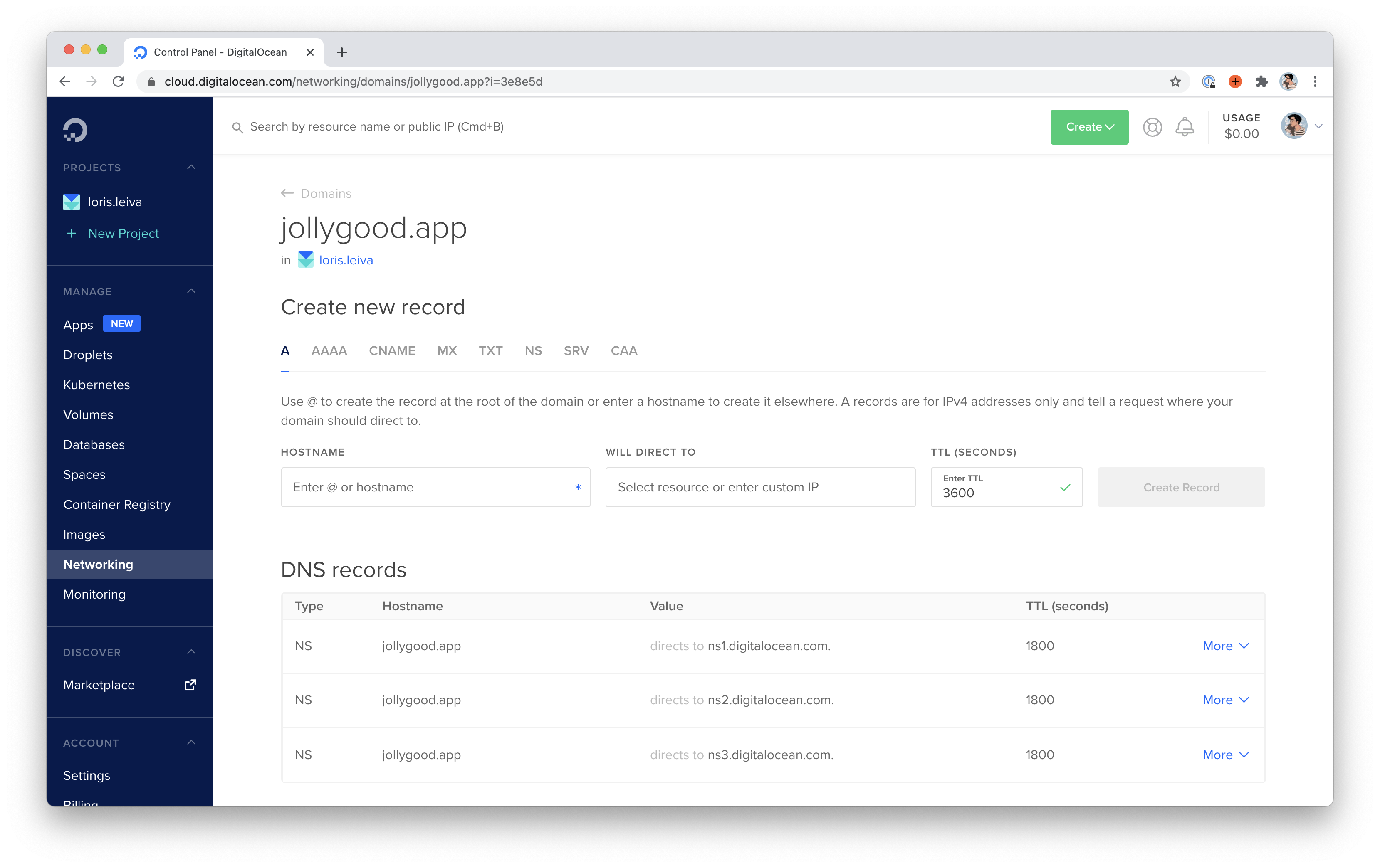 Screenshot of all existing records for that domain including only the 3 nameservers from Digital Ocean.