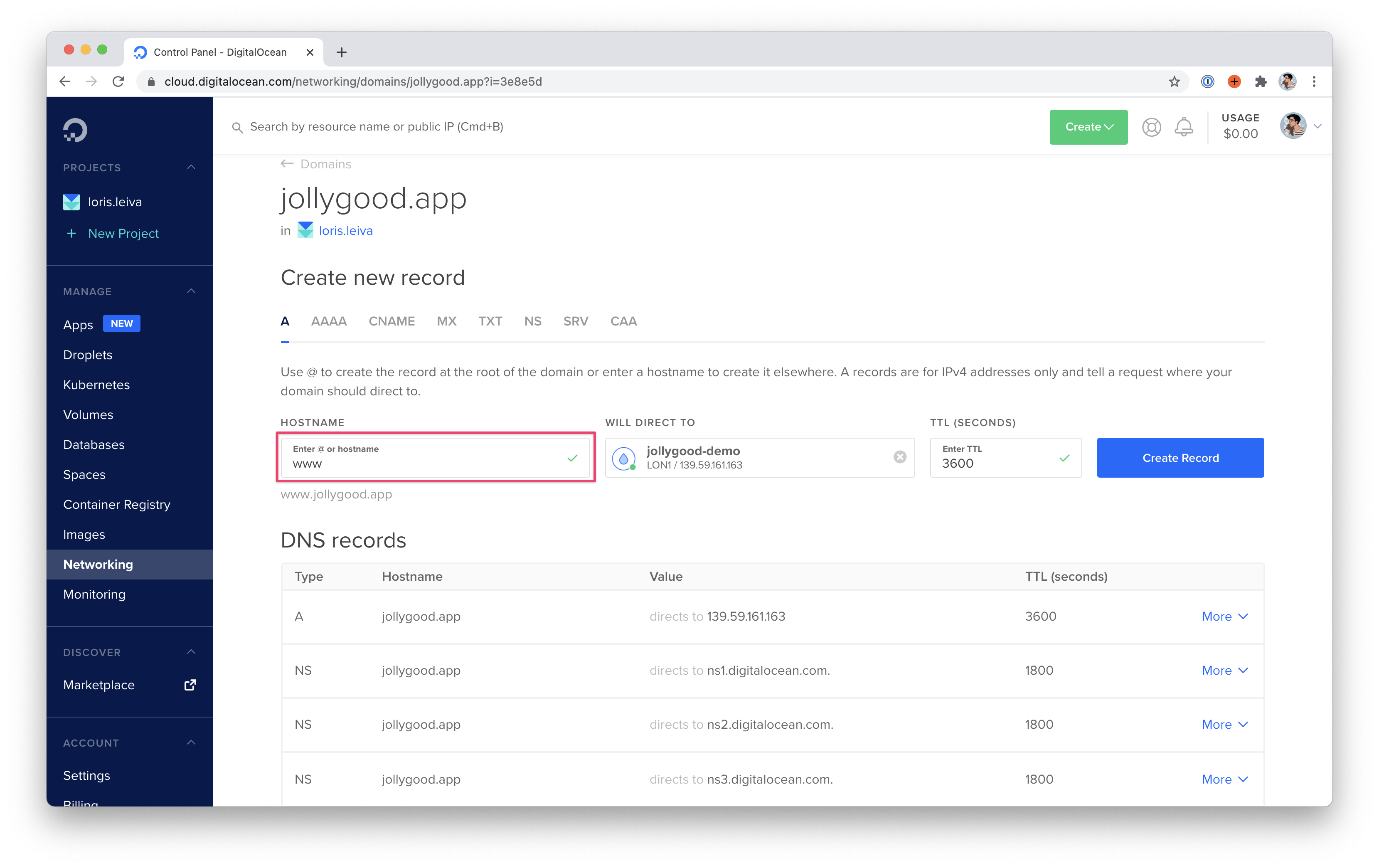 Screenshot of adding that “www” record.