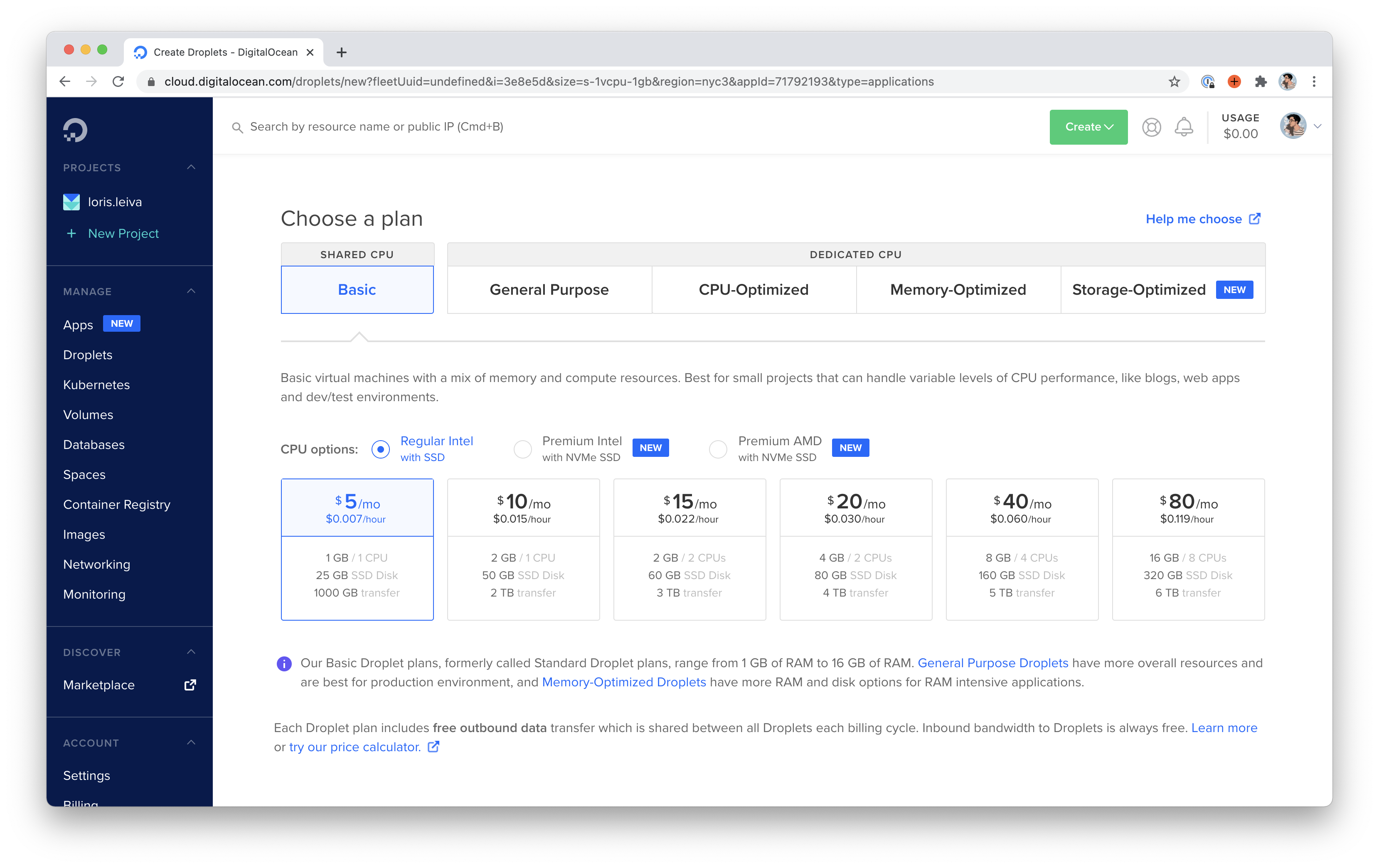 Screenshot of selecting the $5/month plan.