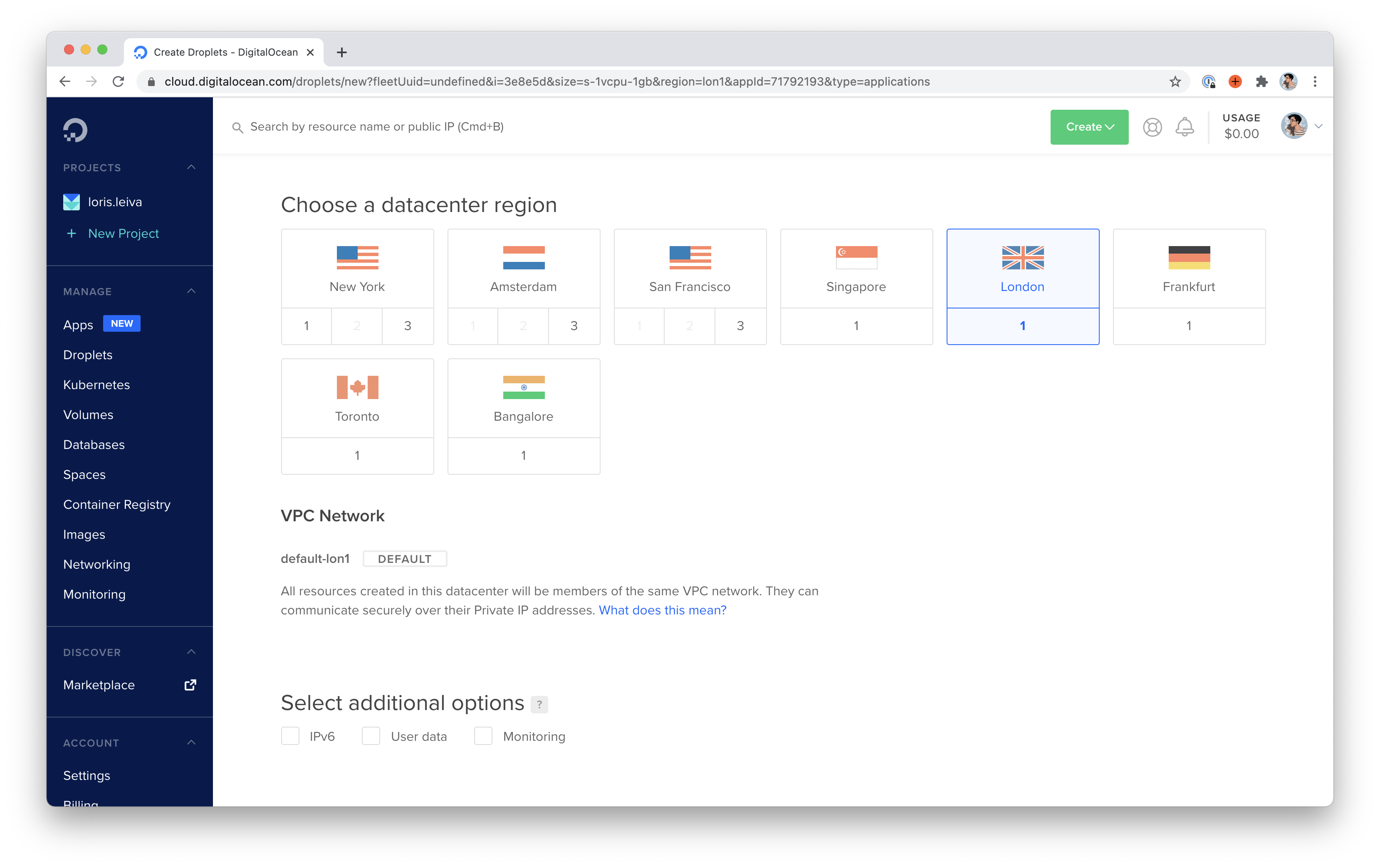 Screenshot of choosing the “London” location.