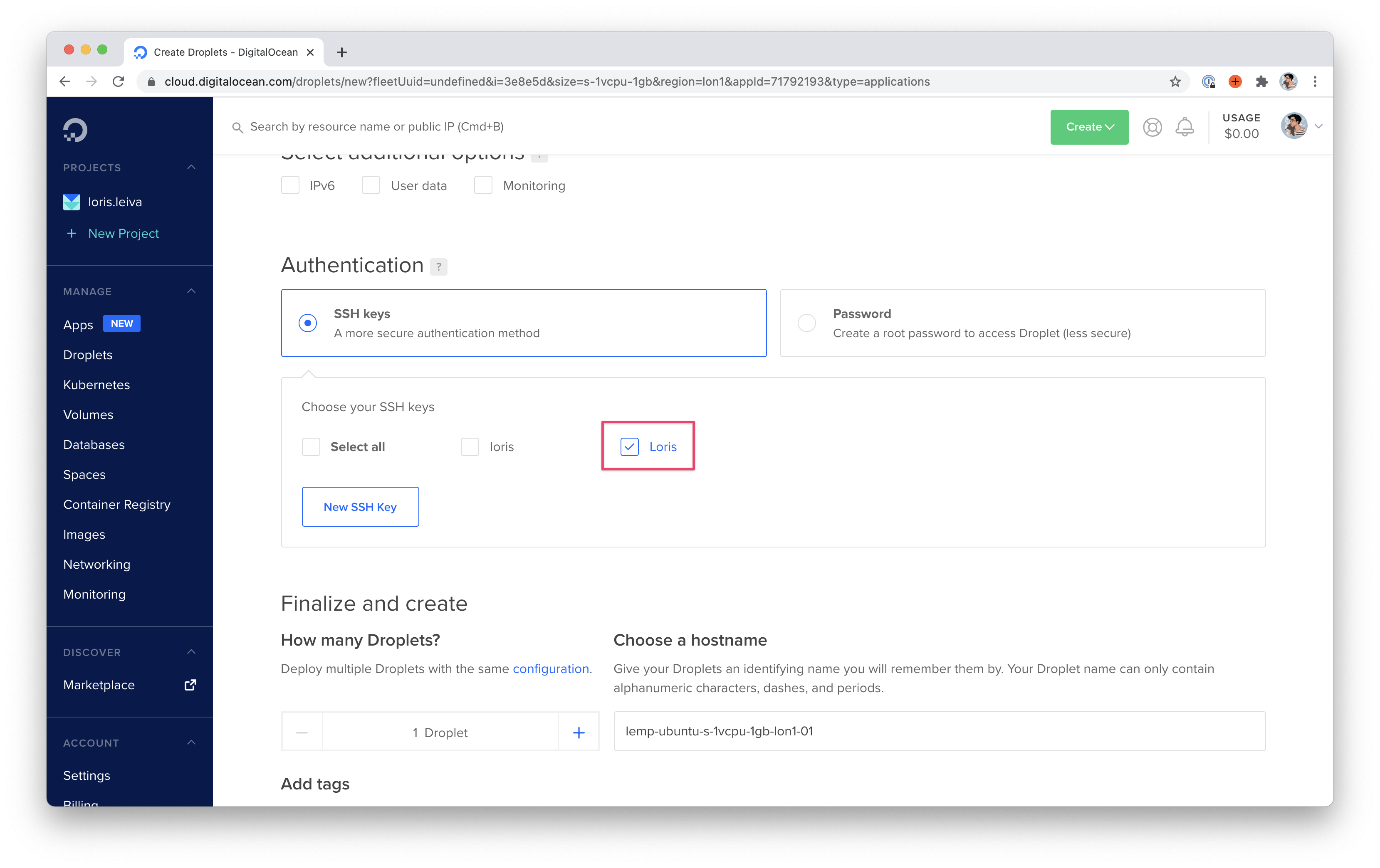 Screenshot of selecting an existing SSH key.