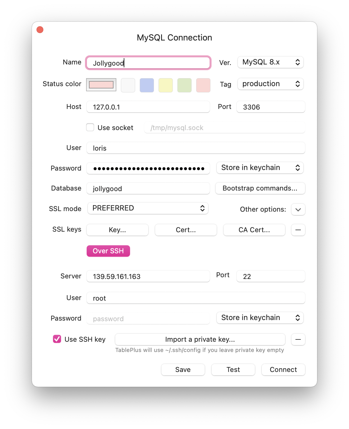 Screenshot of the TablePlus configurations.