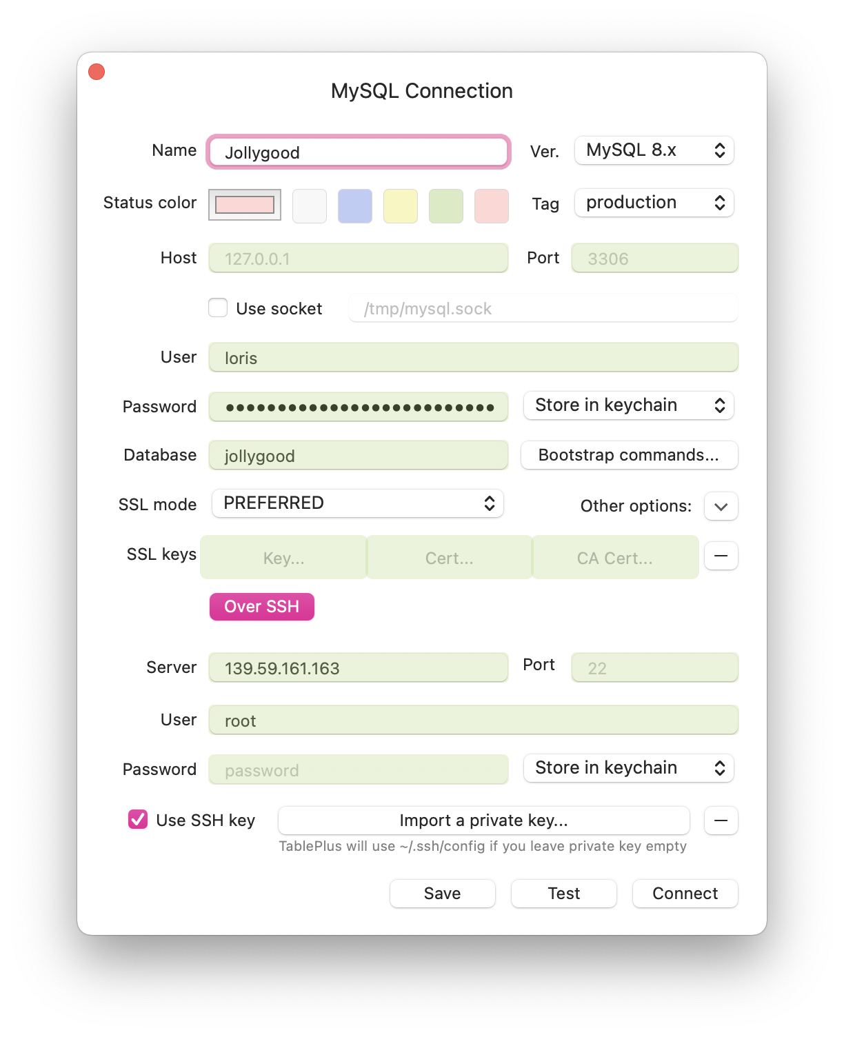 Screenshot of the TablePlus configurations highlighted in green.