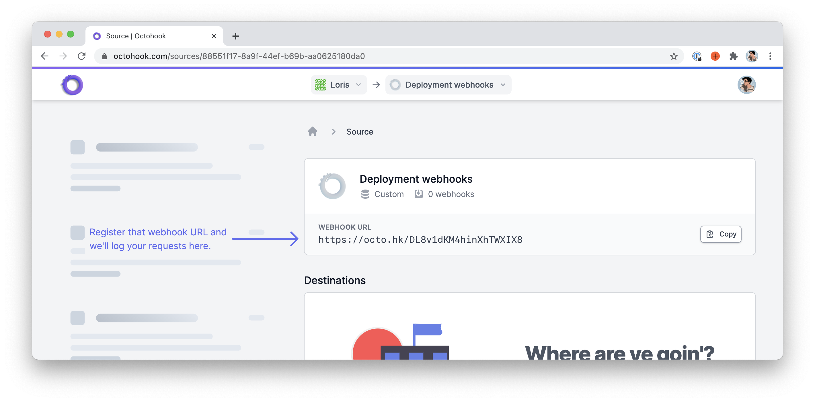 Screenshot of the Octohook source page. Since it does not yet have any webhook it shows an empty state with a big arrow pointing to the webhook URL to use to receive webhooks. The message says "Register that webhook URL and we’ll log your requests here.".