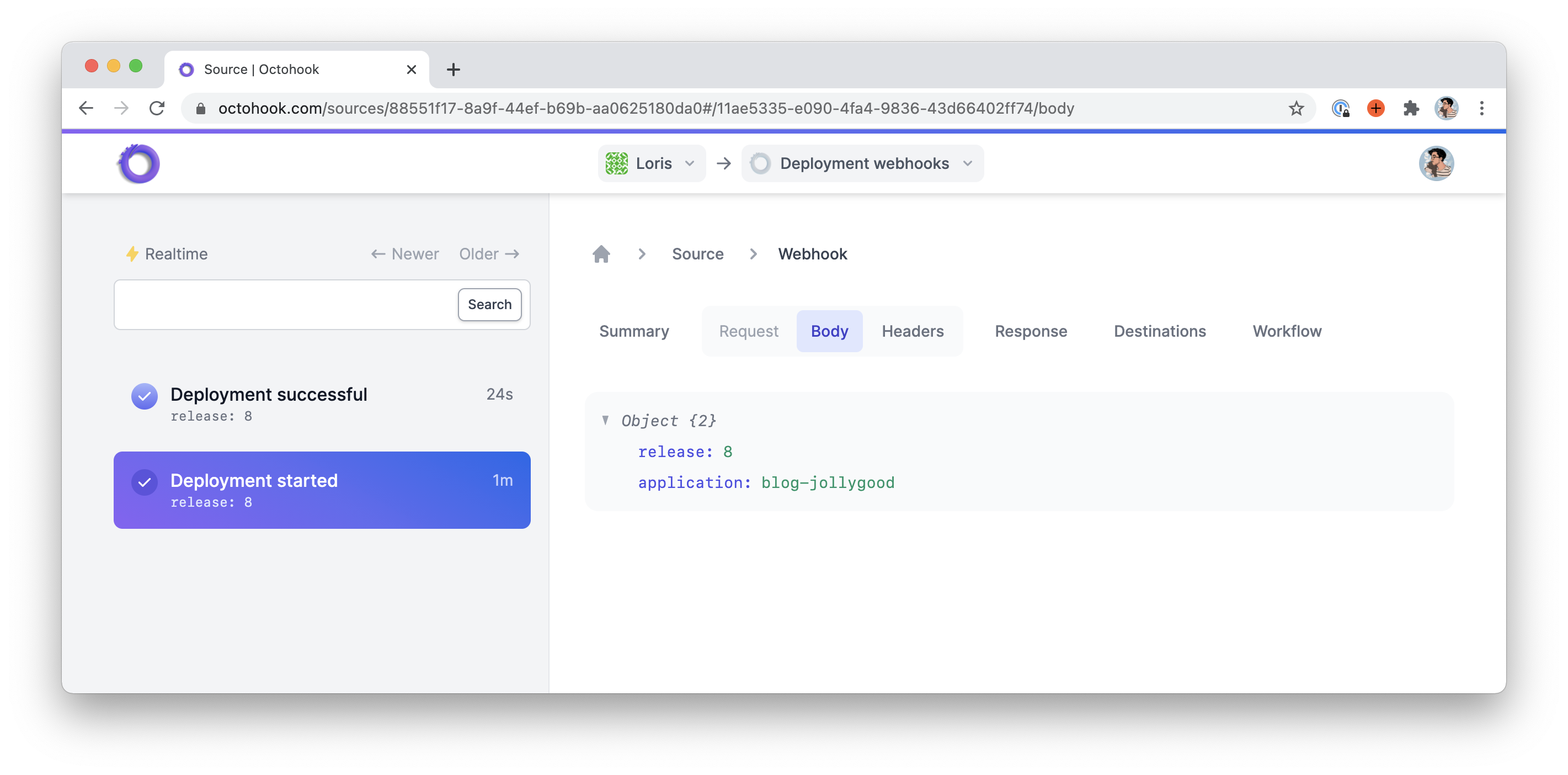 Screenshot of the webhook body on Octohook showing an array containing the application name and the release number.