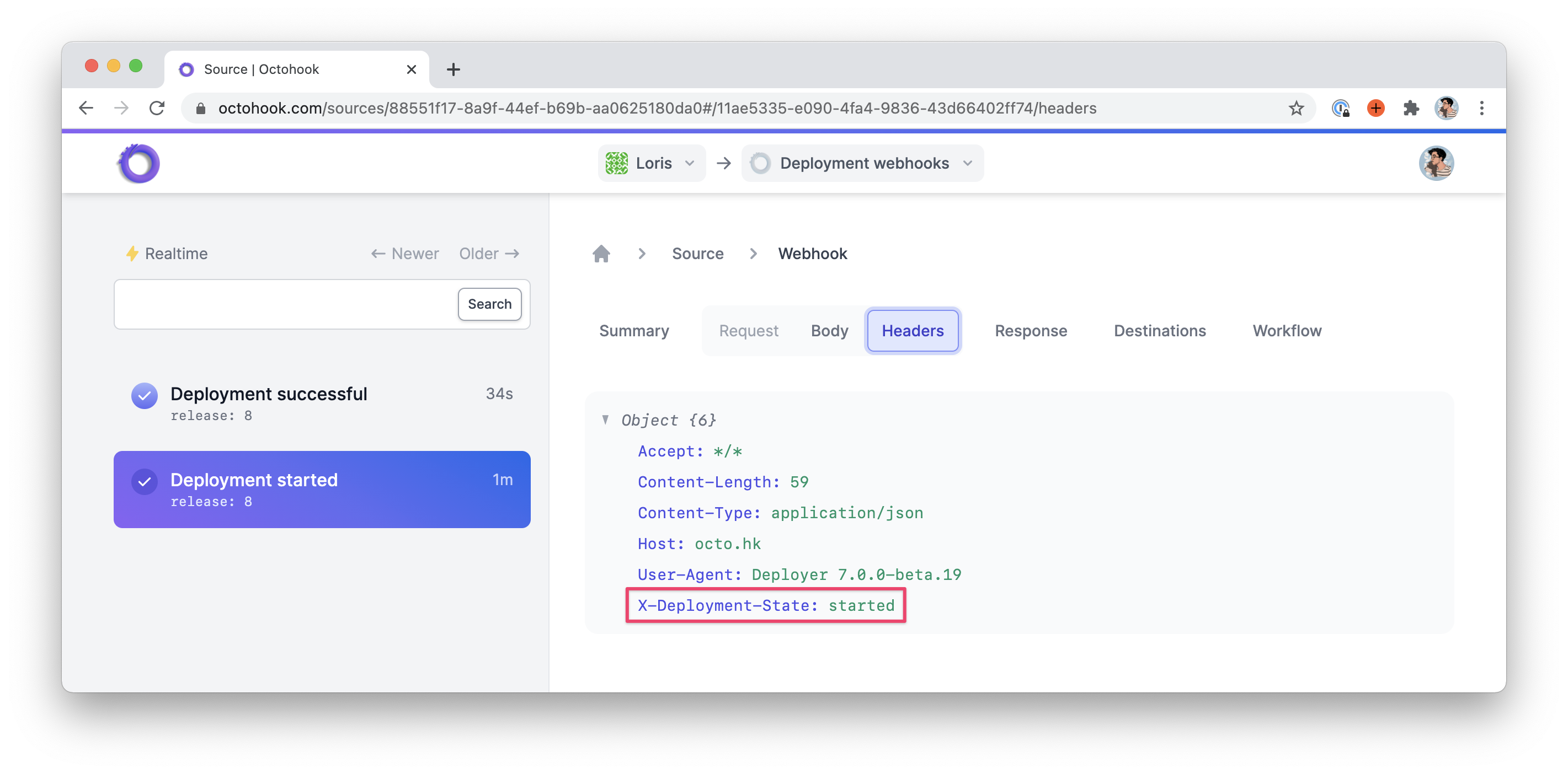 Screenshot of the webhook headers on Octohook showing our custom "X-Deployment-State" header.