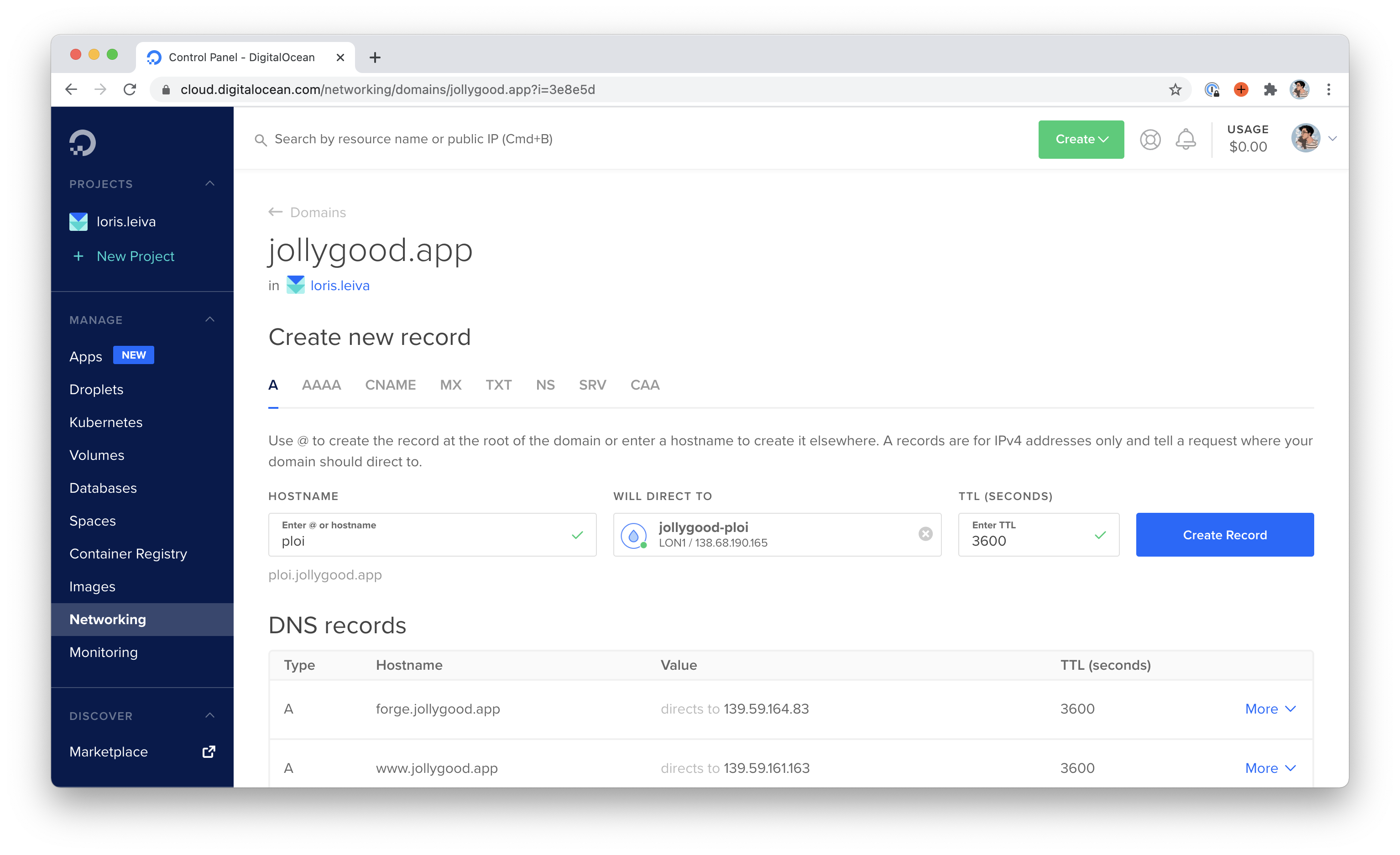 Screenshot of the Digital Ocean "Domains" page. It shows a new record being created with the "ploi" subdomain, pointing to the new server we created directly on Ploi.