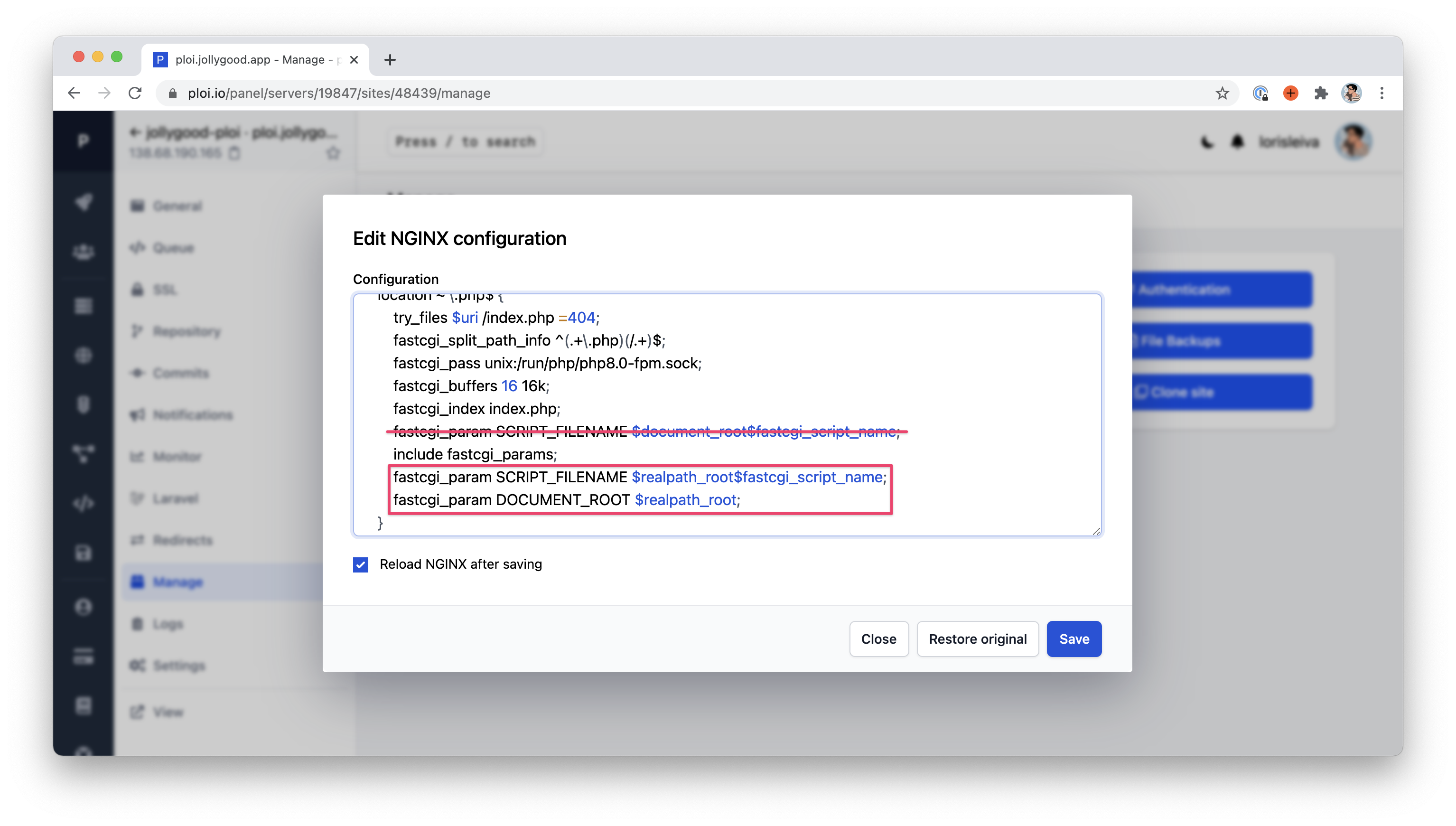 Screenshot of the "Edit NGINX configuration" modal on Ploi.