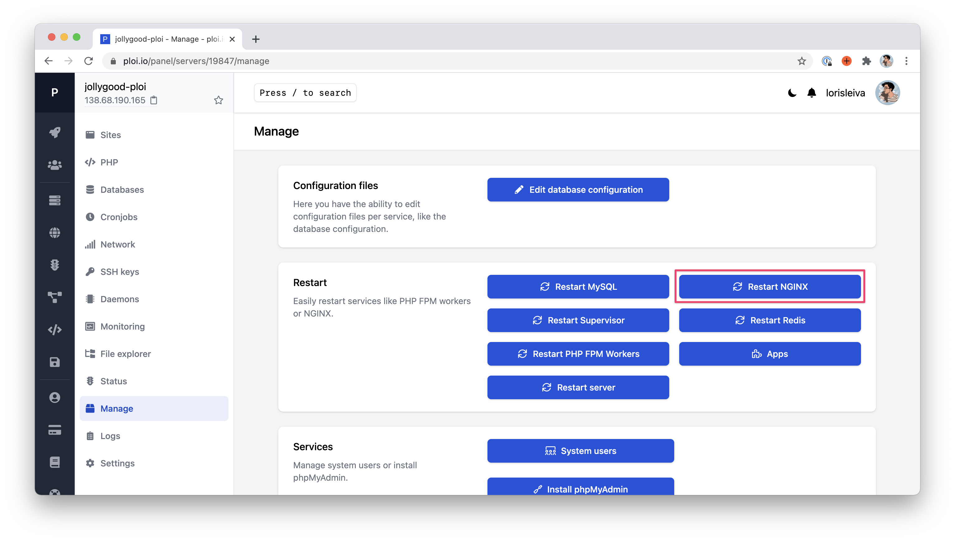 Screenshot of the "Server > Manage" page with the "Restart NGINX" button hightlighted.