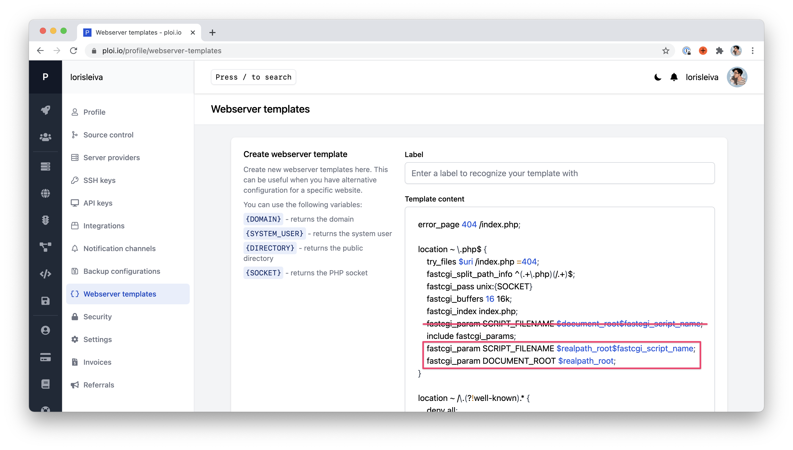 Screenshot of the "Create webserver template" page on Ploi.