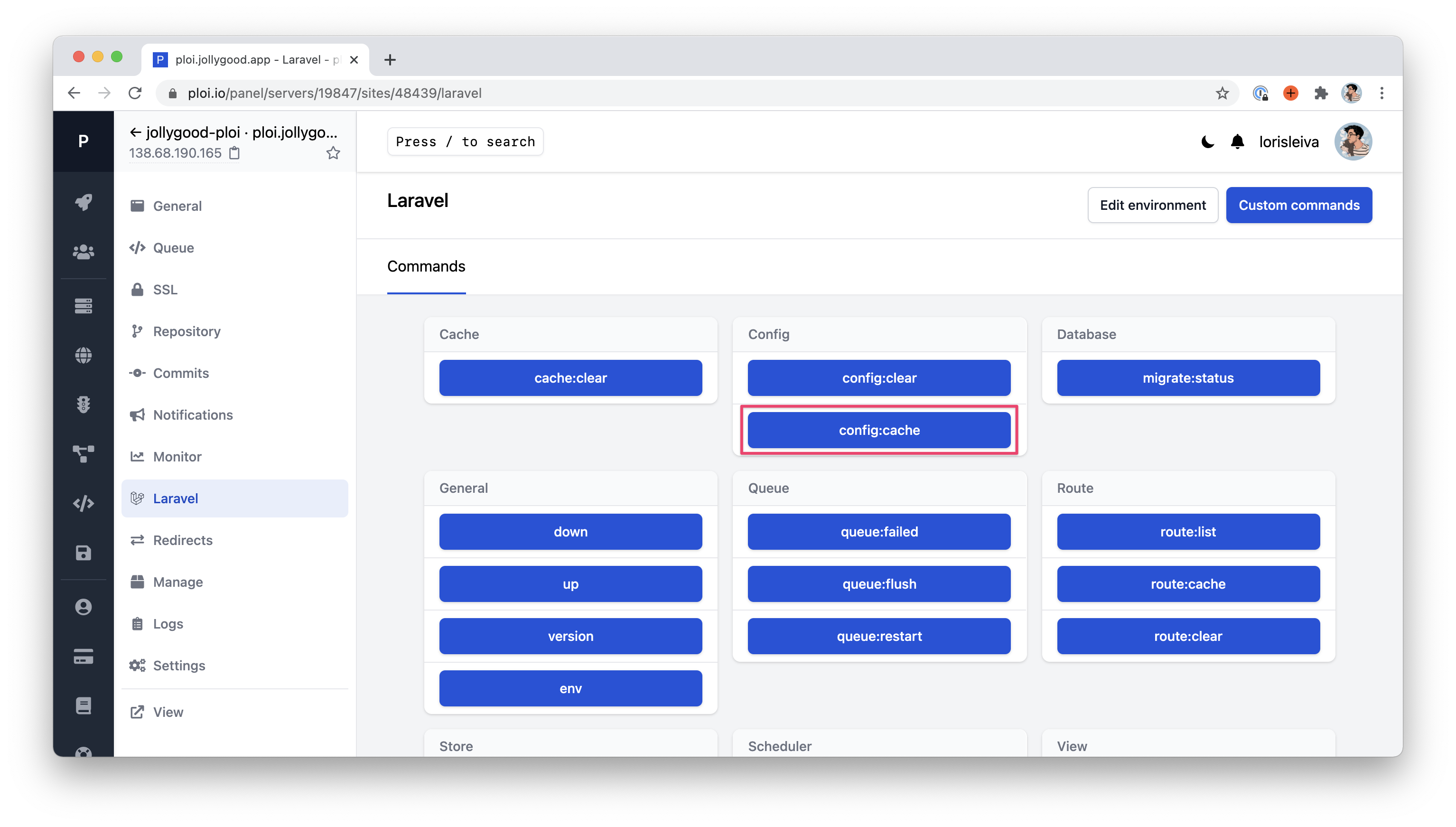 Screenshot of the "Site > Laravel" page on Ploi. It shows a grid of buttons that trigger php artisan commands. The button "config:cache" is highlighted.