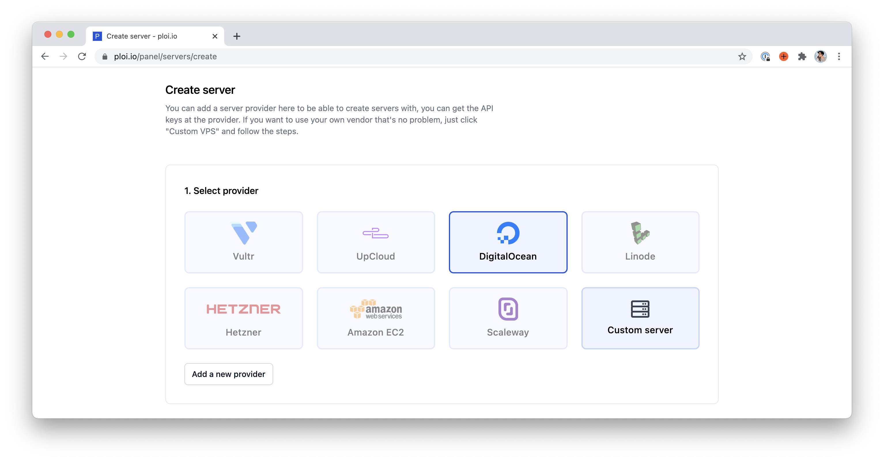 Screenshot of the first section called "Select provider" on the page to create a new server on Ploi.