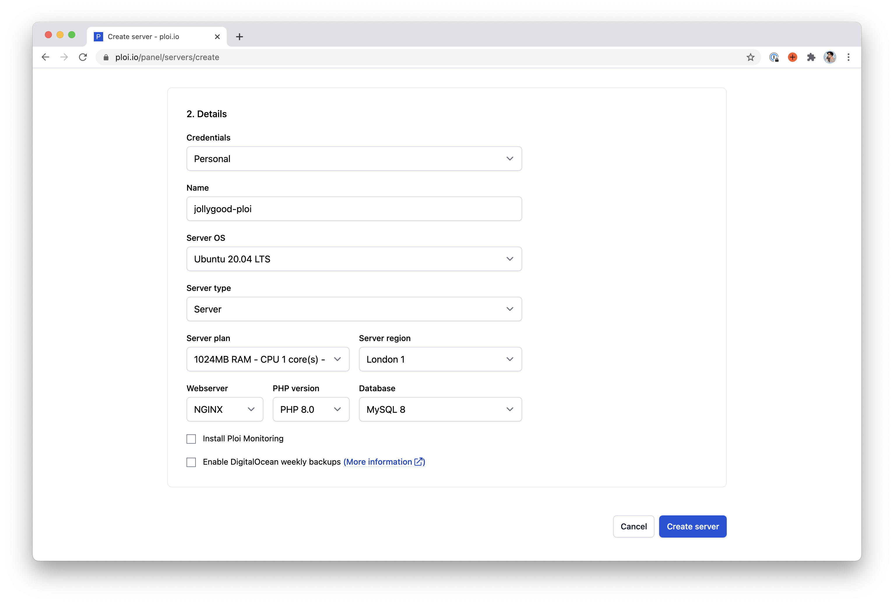 Screenshot of the second section called "Details" on the page to create a new server on Ploi.