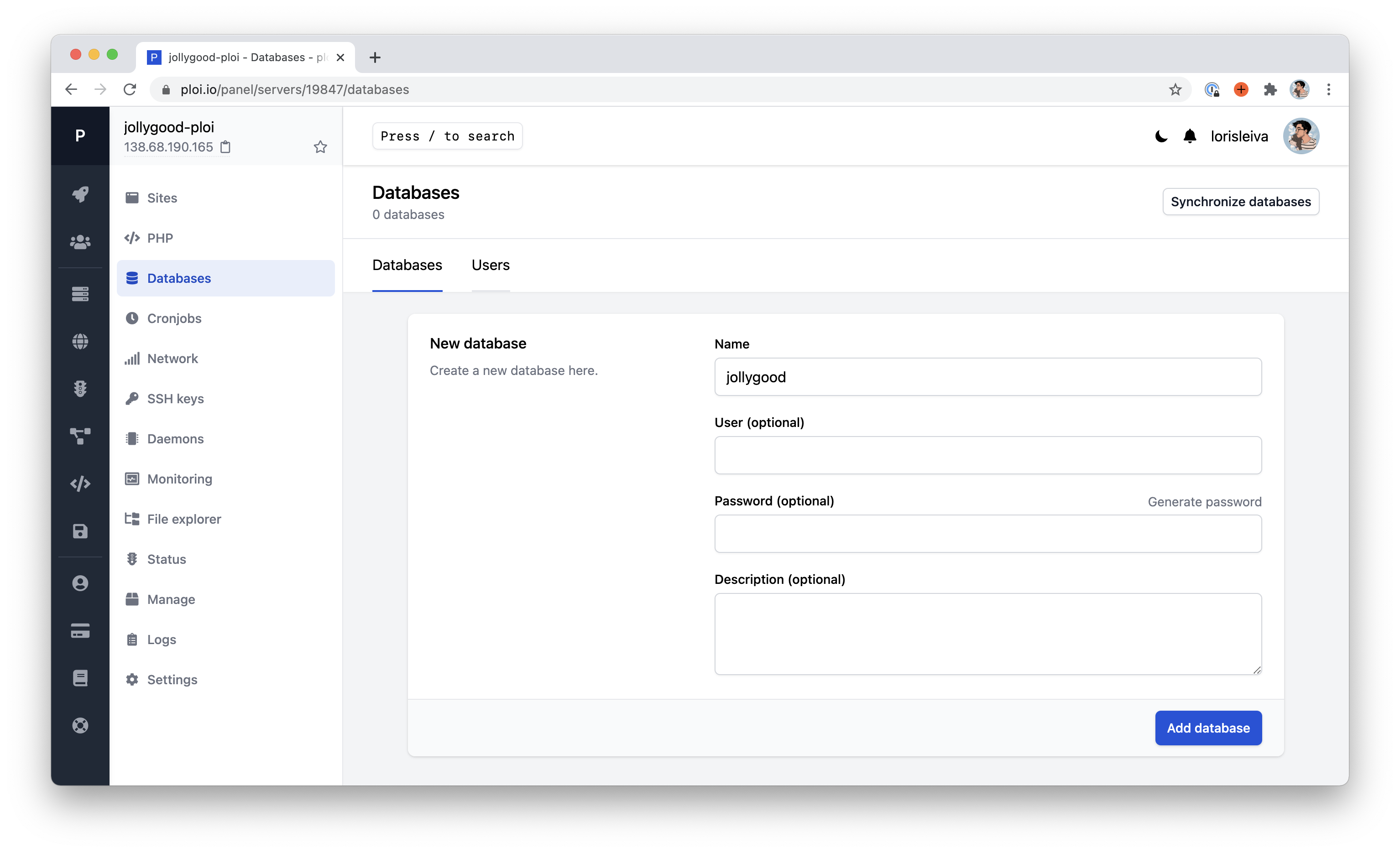 Screenshot of the "Databases" page on Ploi. It shows a "New database" form where only the field "Name" has been filled with "jollygood". The other optional fields "User", "Password" and "Description" are empty.