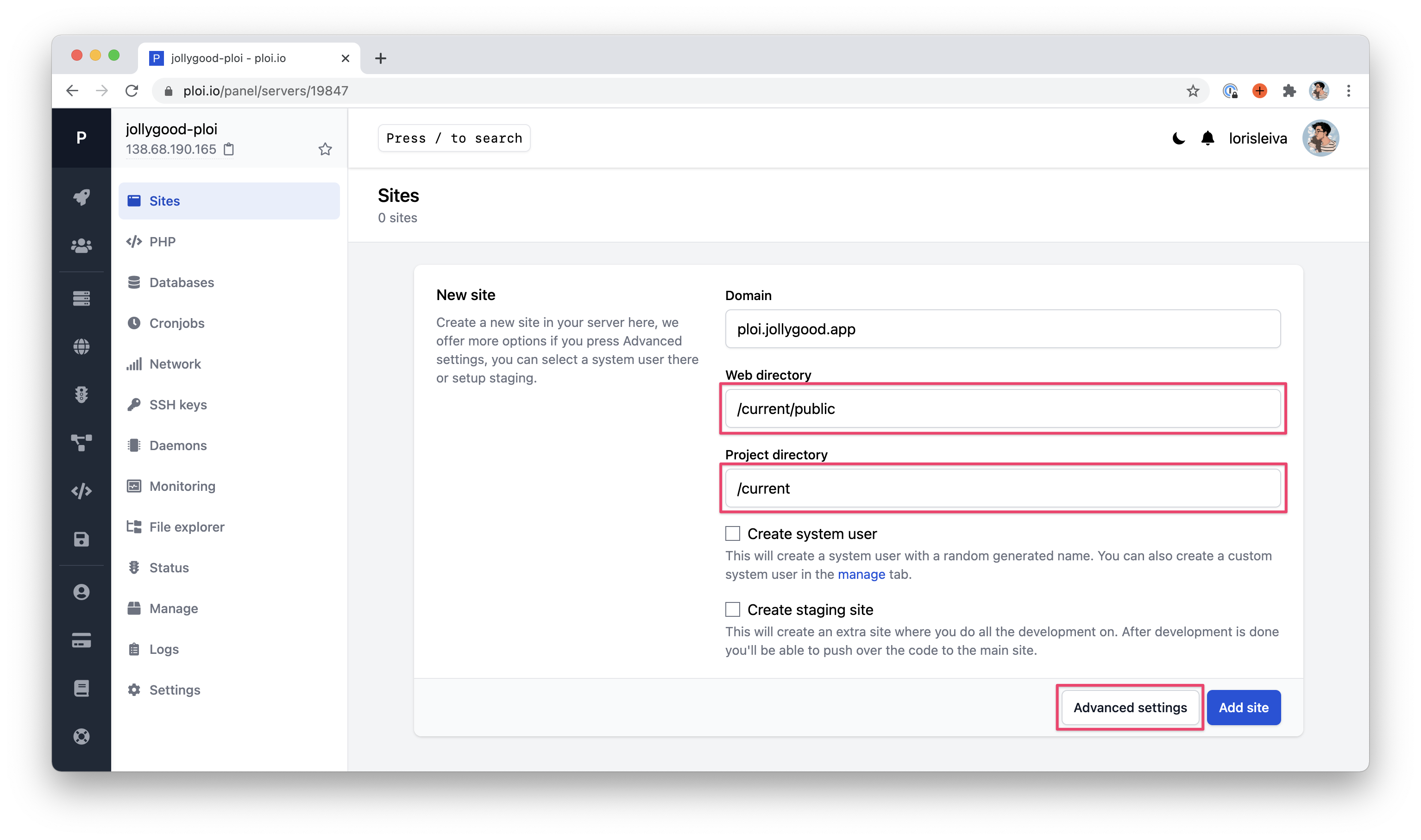 Screenshot of the page to create a new site inside a server on Ploi. The fields "Web directory" and "Project directory" are highlighted and contain "/current/public/" and  "/current" respectively.