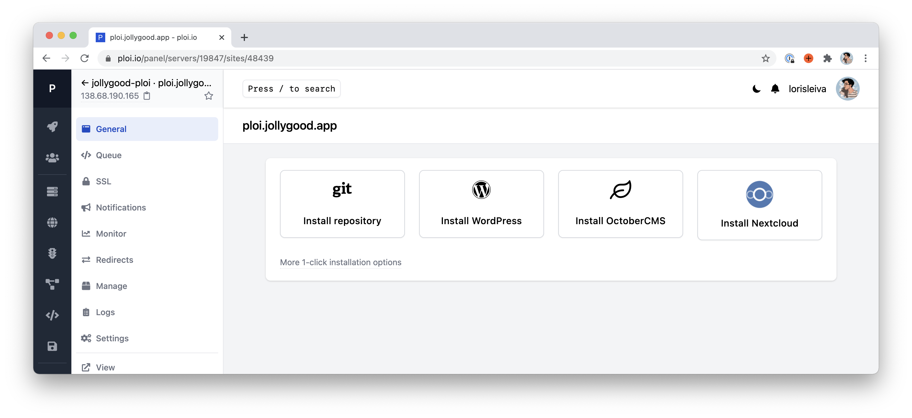 Screenshot of the site page after creating it on Ploi. It shows four big buttons: "Install repository", "Install WordPress", "Install OctoberCMS" and "Install Nextcloud".