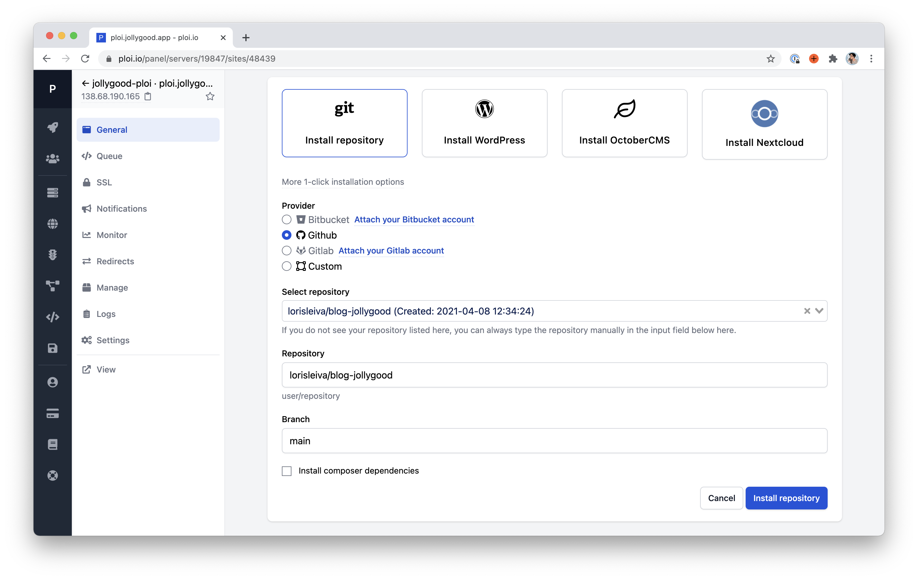 Screenshot of the site page after selecting "Git Repository" on Ploi.
