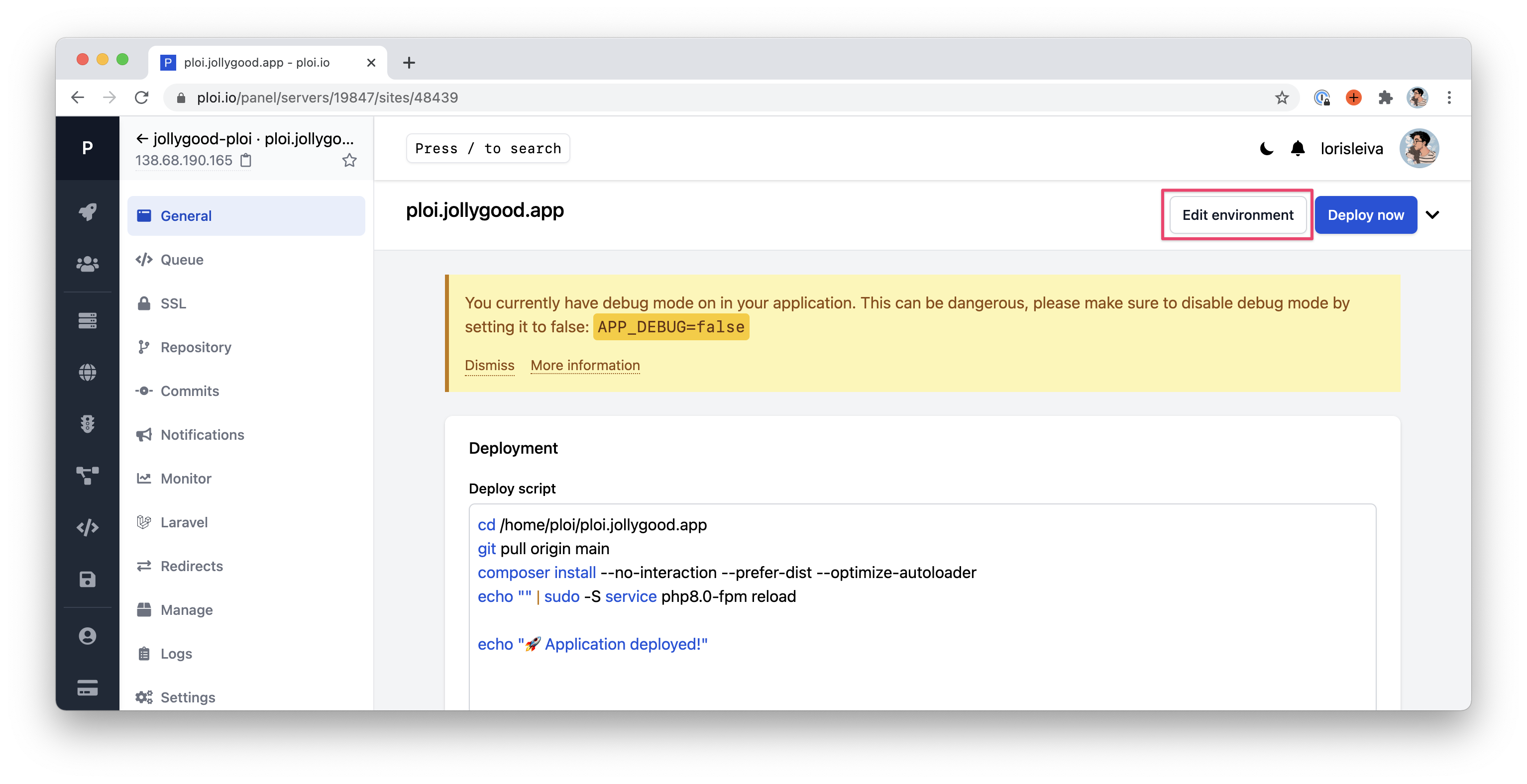 Screenshot of the "Site > General" page on Ploi. The "Edit environment" button is highlighted.