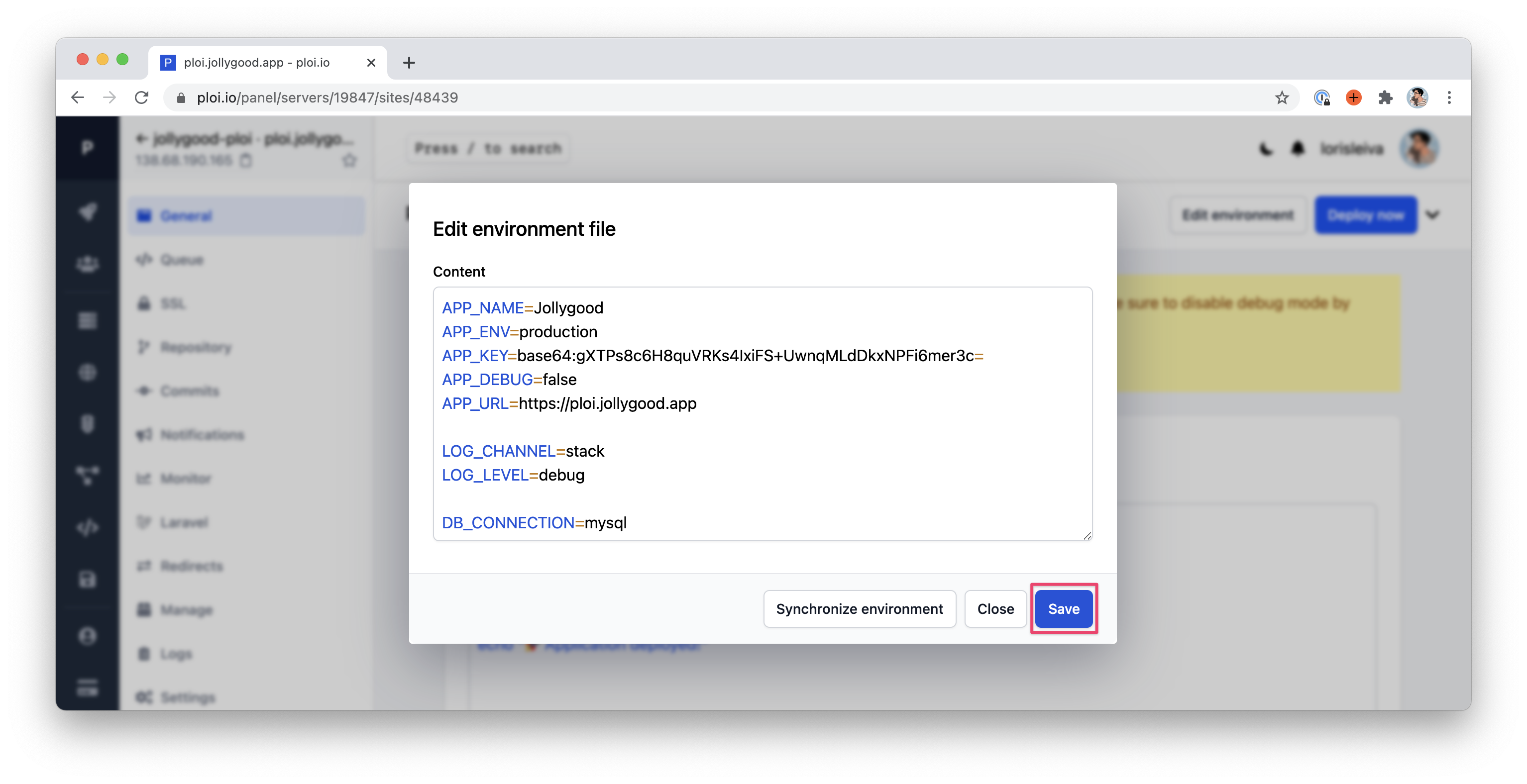 Screenshot of the "Environment" modal on Ploi.