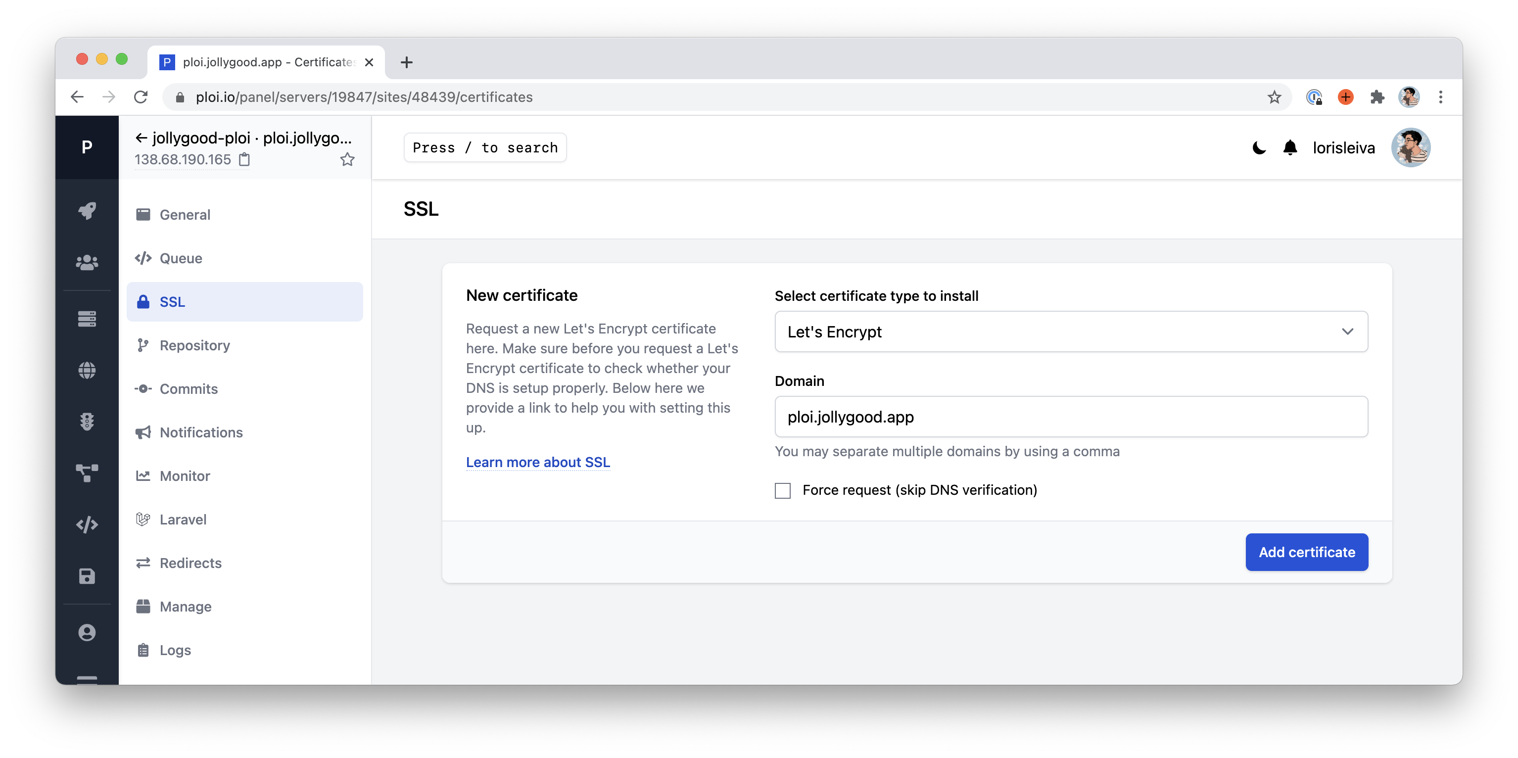 Screenshot of the "Site > SSL" page on Ploi. "LetsEncrypt" is selected and the domain field contains "ploi.jollygood.app".