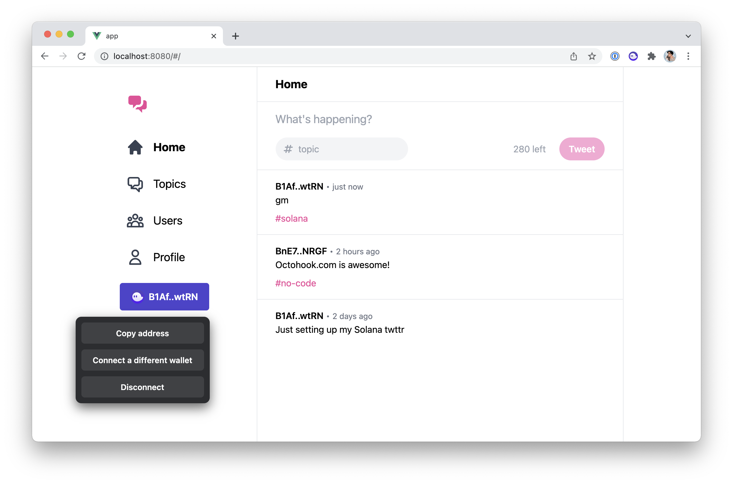 Screenshot of the application with a connected wallet and the dropdown menu opened.