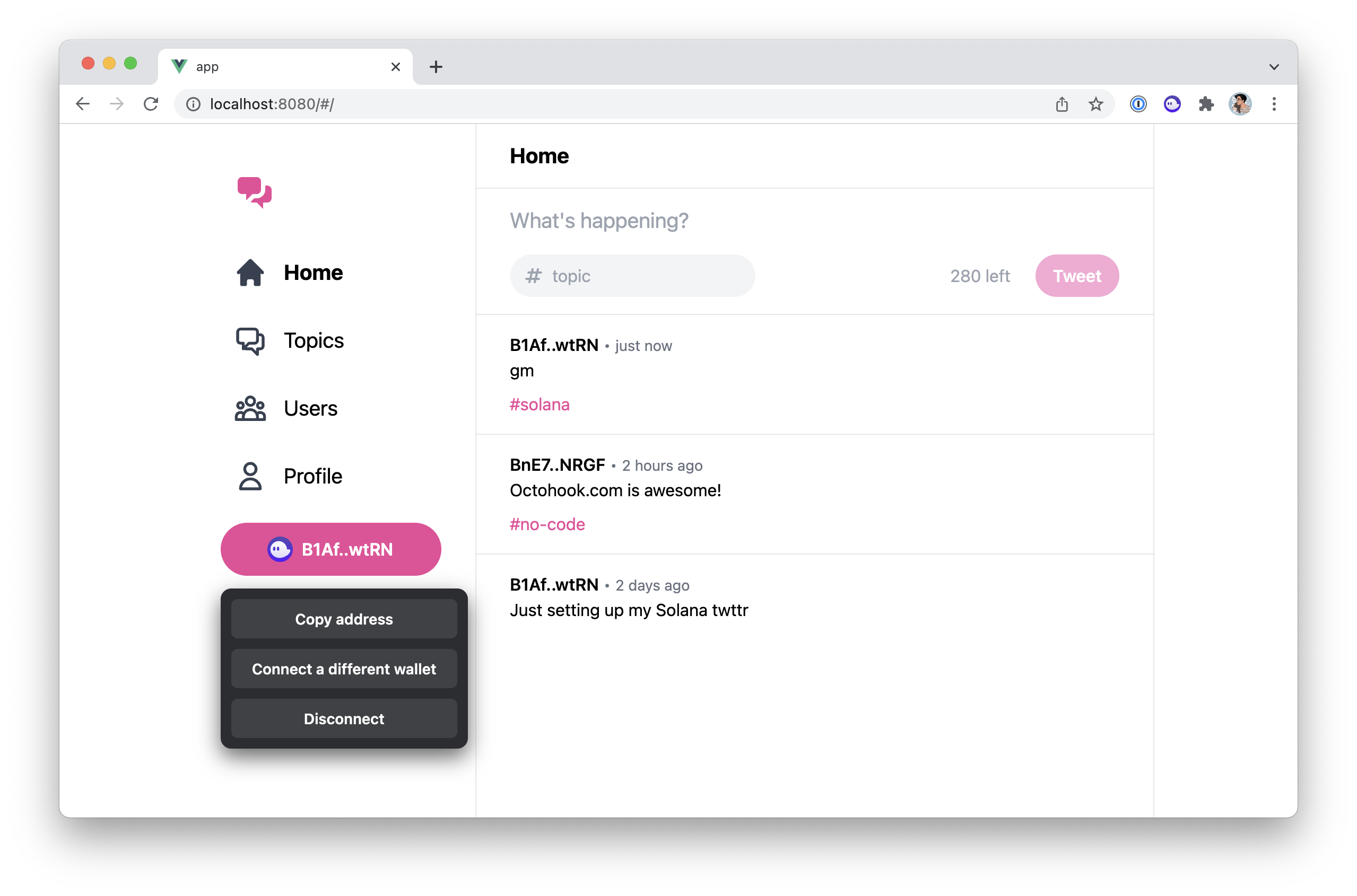 Screenshot of the application with a connected wallet and the dropdown menu opened with the new design.