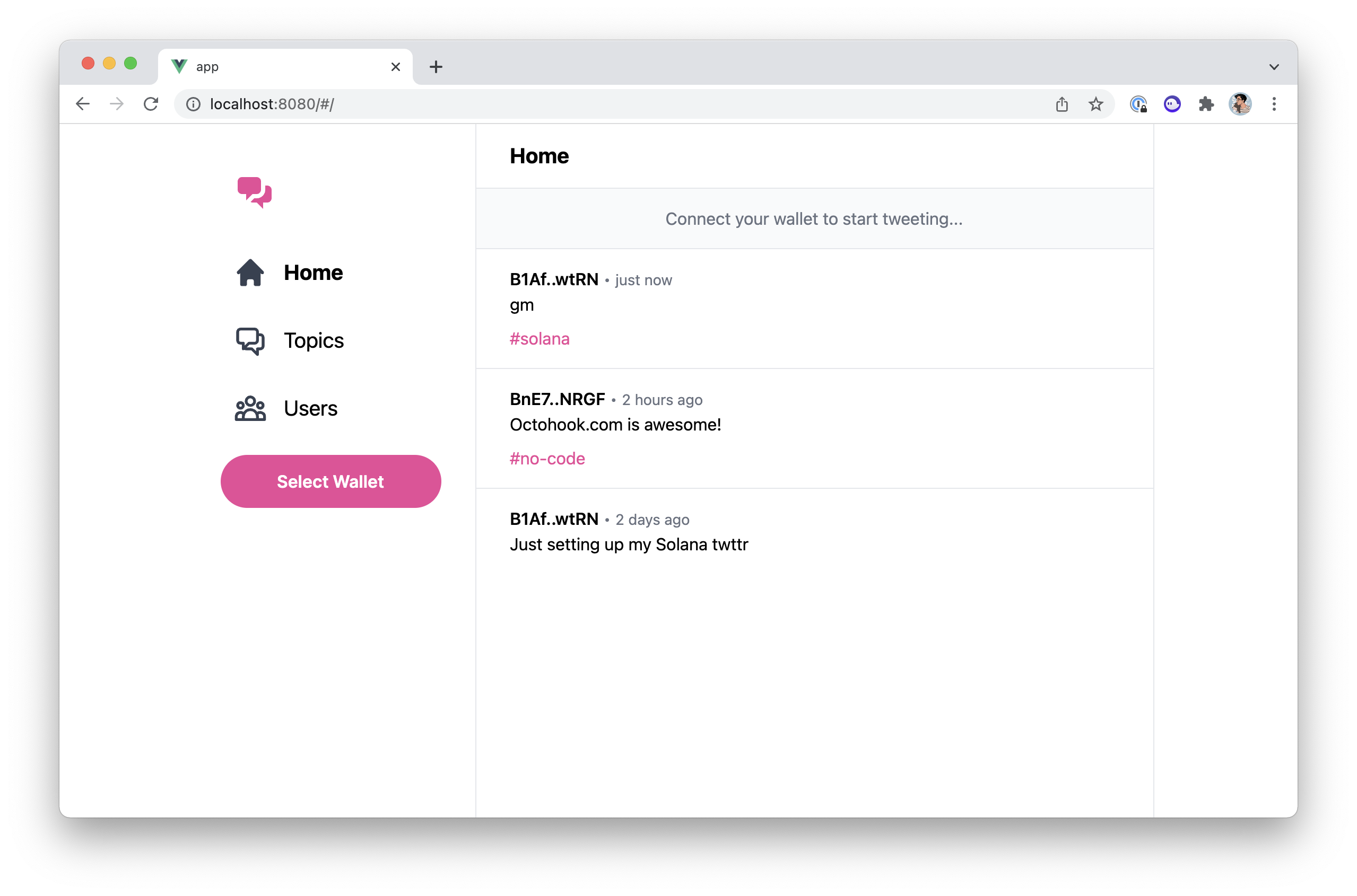 Screenshot of the home page when no wallet is connected. We can no longer see the profile page link in the sidebar nor the tweet form on the home page that now says "Connect your wallet to start tweeting...".