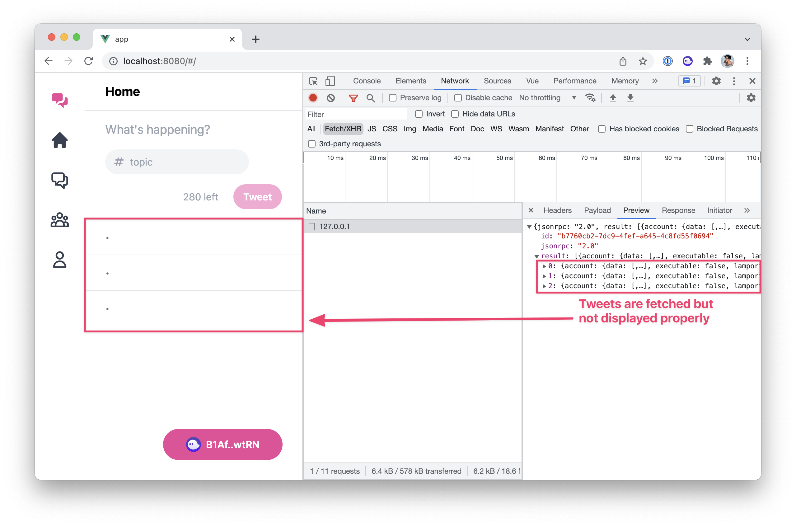 Screenshot of the app with the dev tools open showing that we are getting 3 tweets but they are not displayed properly.