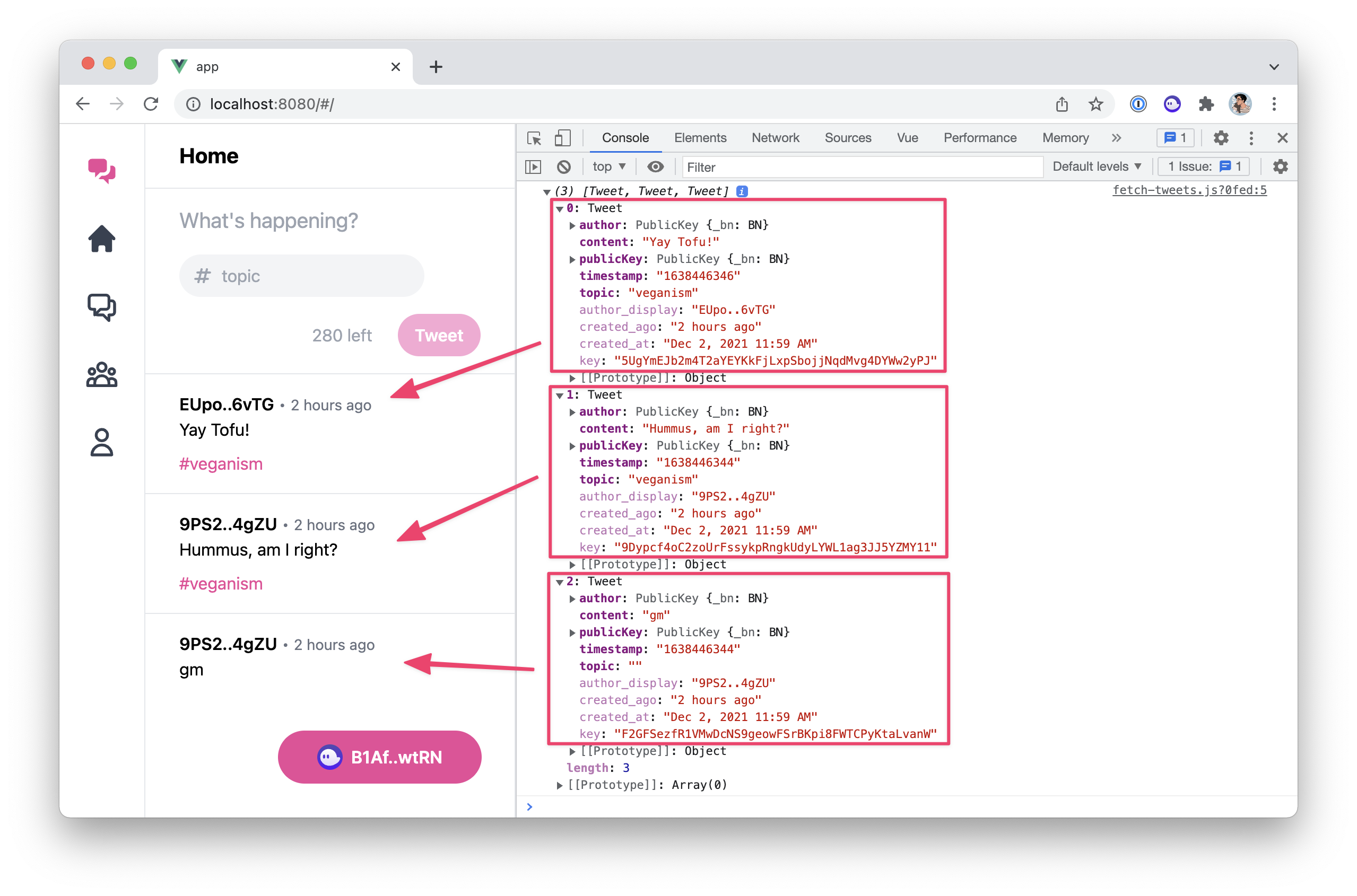 Screenshot of the home page with our 3 test tweets properly displayed and the console showing an array of Tweet objects with all the relevant data.