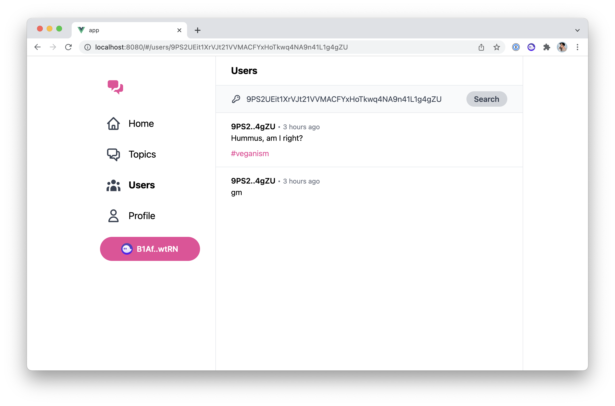 Screenshot of the users page showing two tweets from a given author.