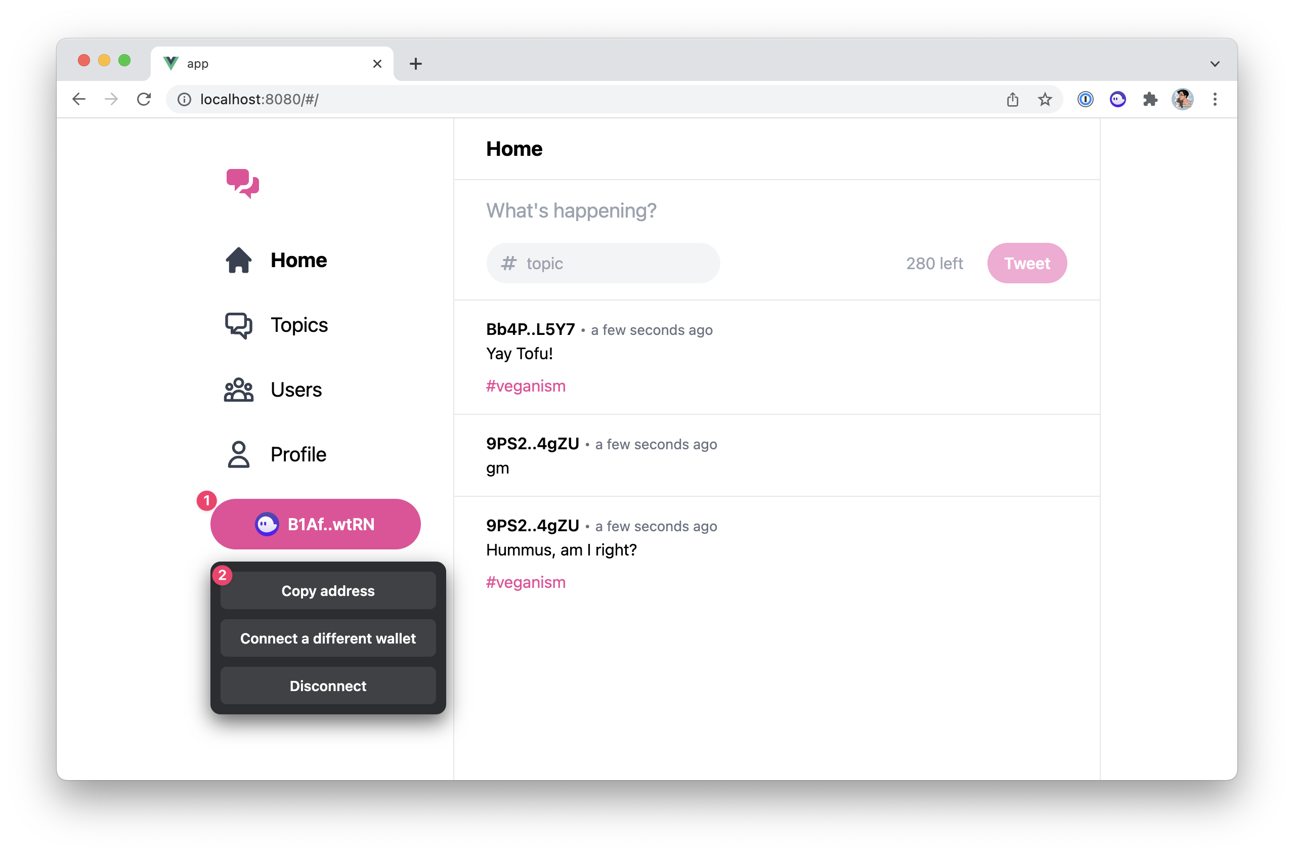 Screenshot of our app with the dropdown menu of the wallet button opened. The first dropdown menu item called "Copy address" is highlighted.
