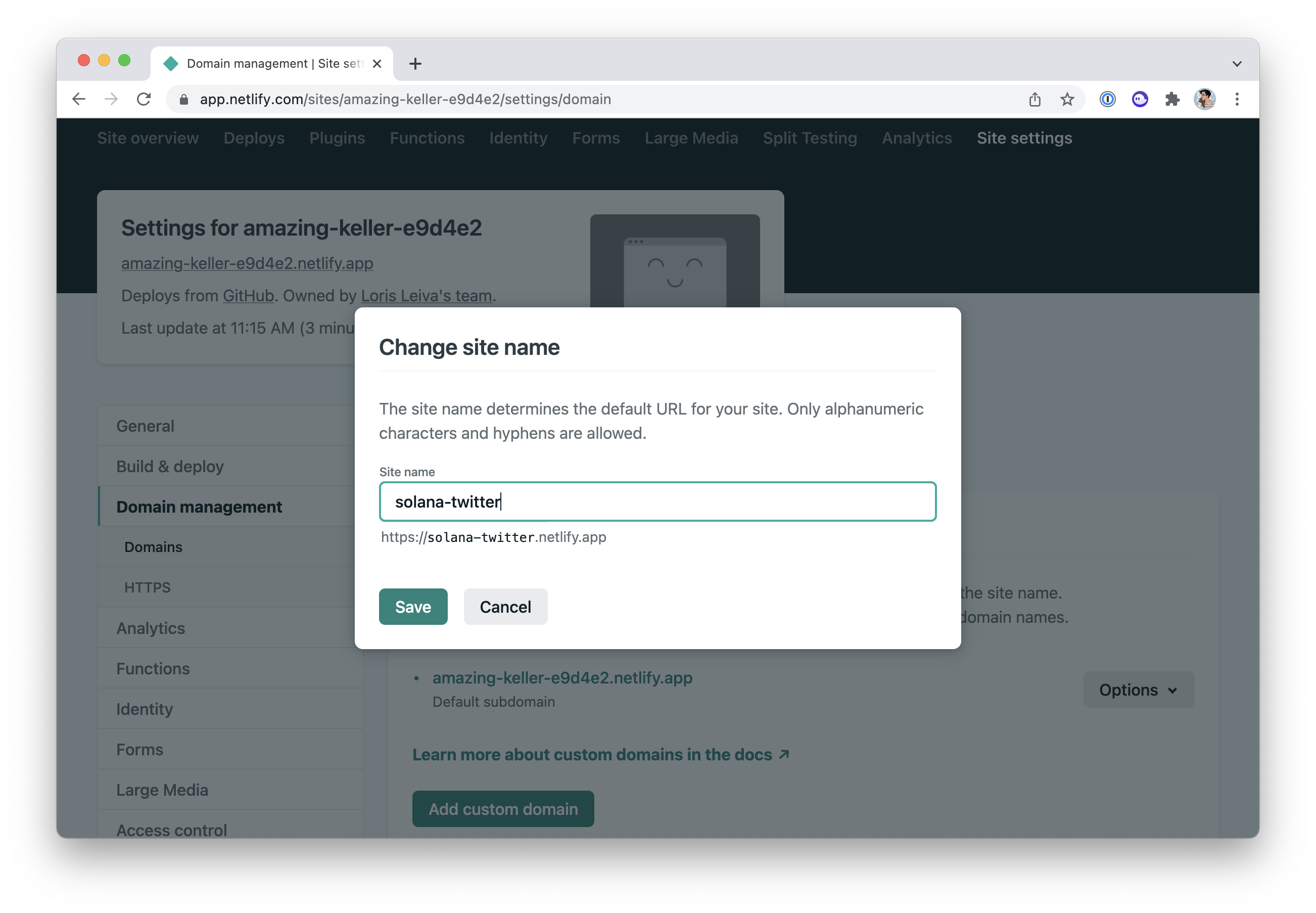 Screenshot of the Netlify app where I’m updating the Netlify subdomain of the site we created.