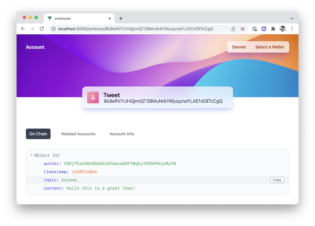 Screenshot of an explorer app that displays all the information of a Tweet after having given its public key.